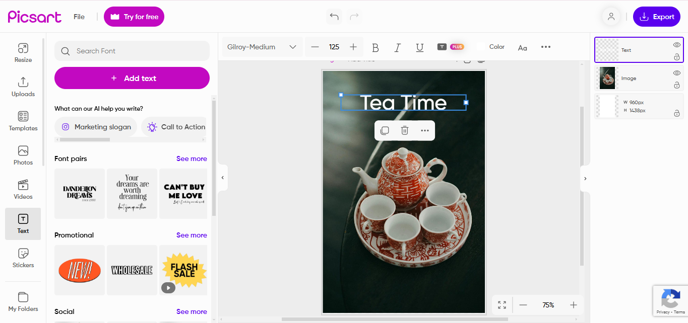 Interfaccia di Picsart - la piattaforma ideale per scrivere testo su foto online