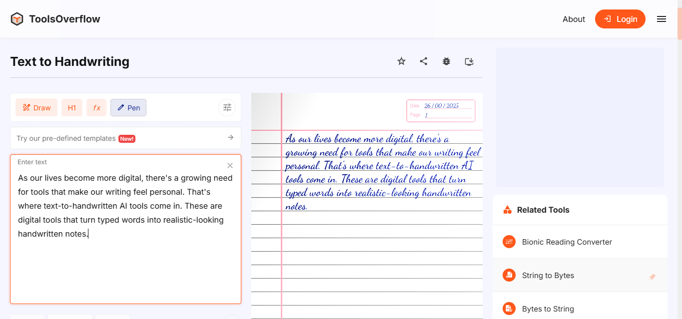 Interface van ToolsOverflow - een eenvoudig te gebruiken tool om tekst om te zetten in handschrift