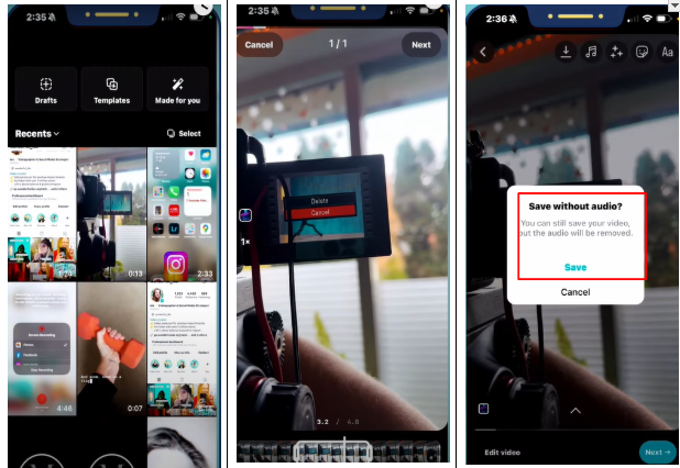 Zdjęcie pokazujące, jak zapisać Instagram Reels wersje robocze bez muzyki