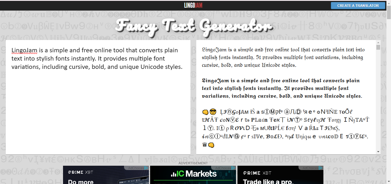 Antarmuka LingoJam - generator tulisan kursif mewah yang andal