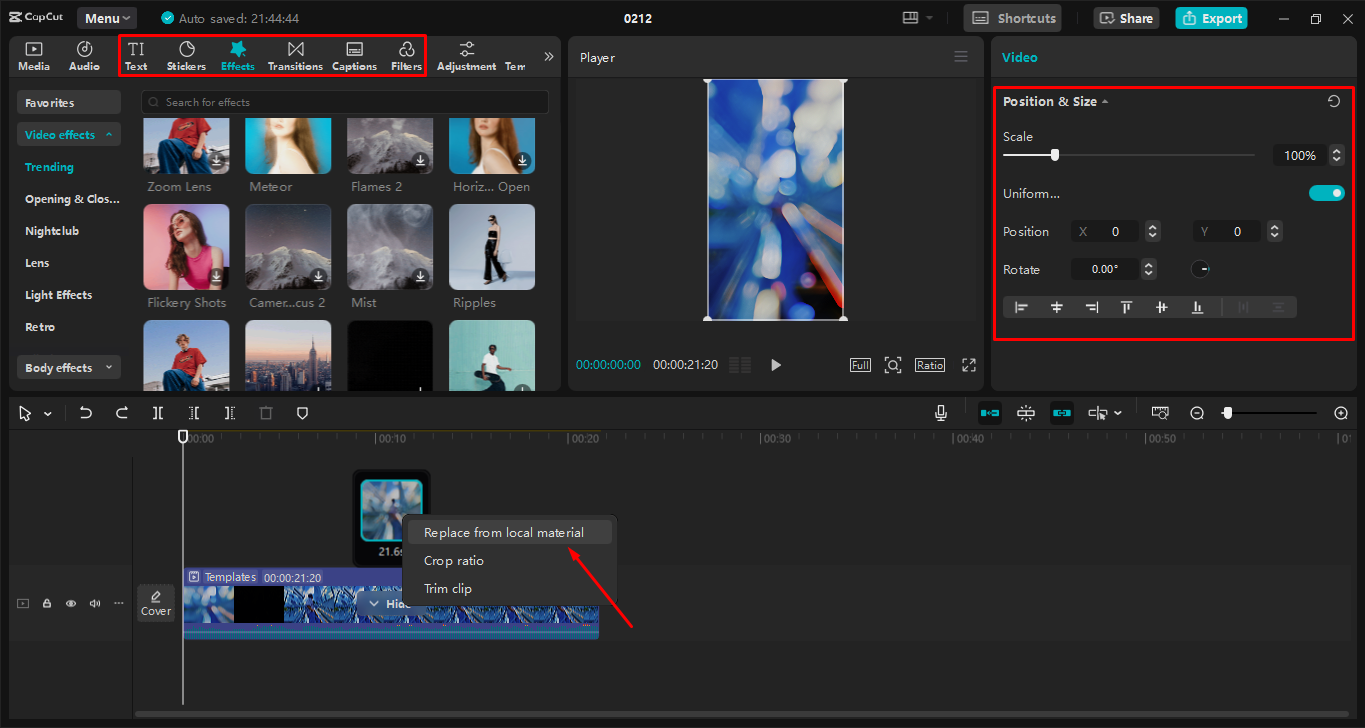Anpassen der Rollenvorlage im CapCut Desktop-Video-Editor