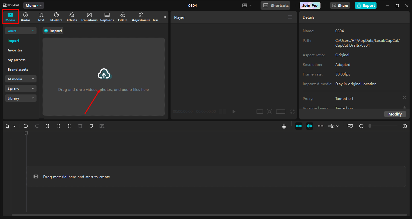 Mengunggah video dari perangkat ke CapCut editor video desktop