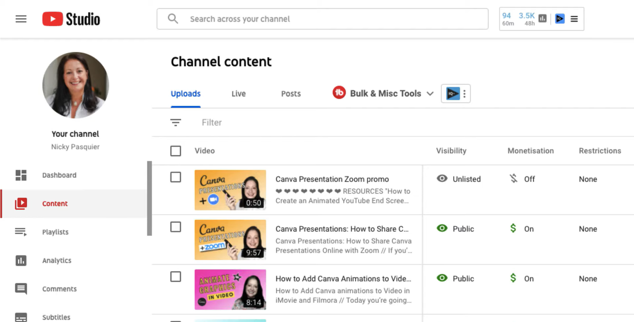 Chọn video trong YouTube Studio