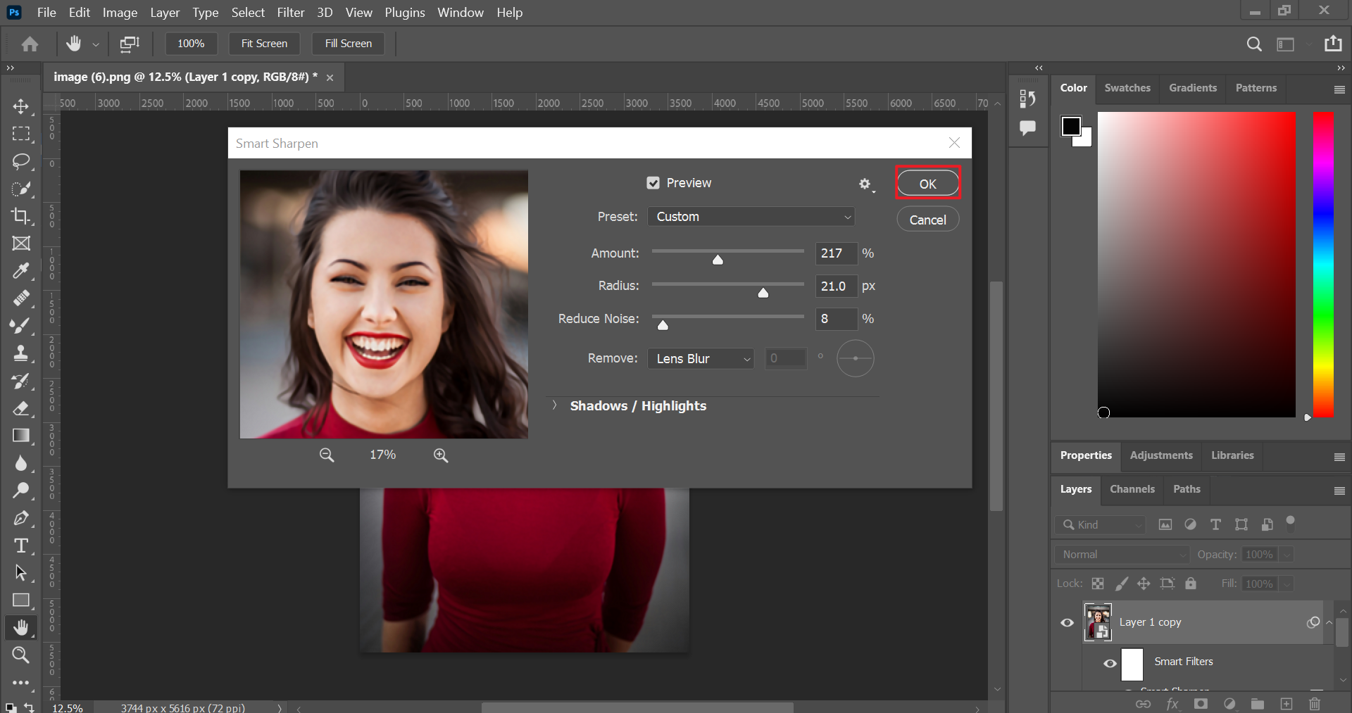 Sharpen photo in Photoshop
