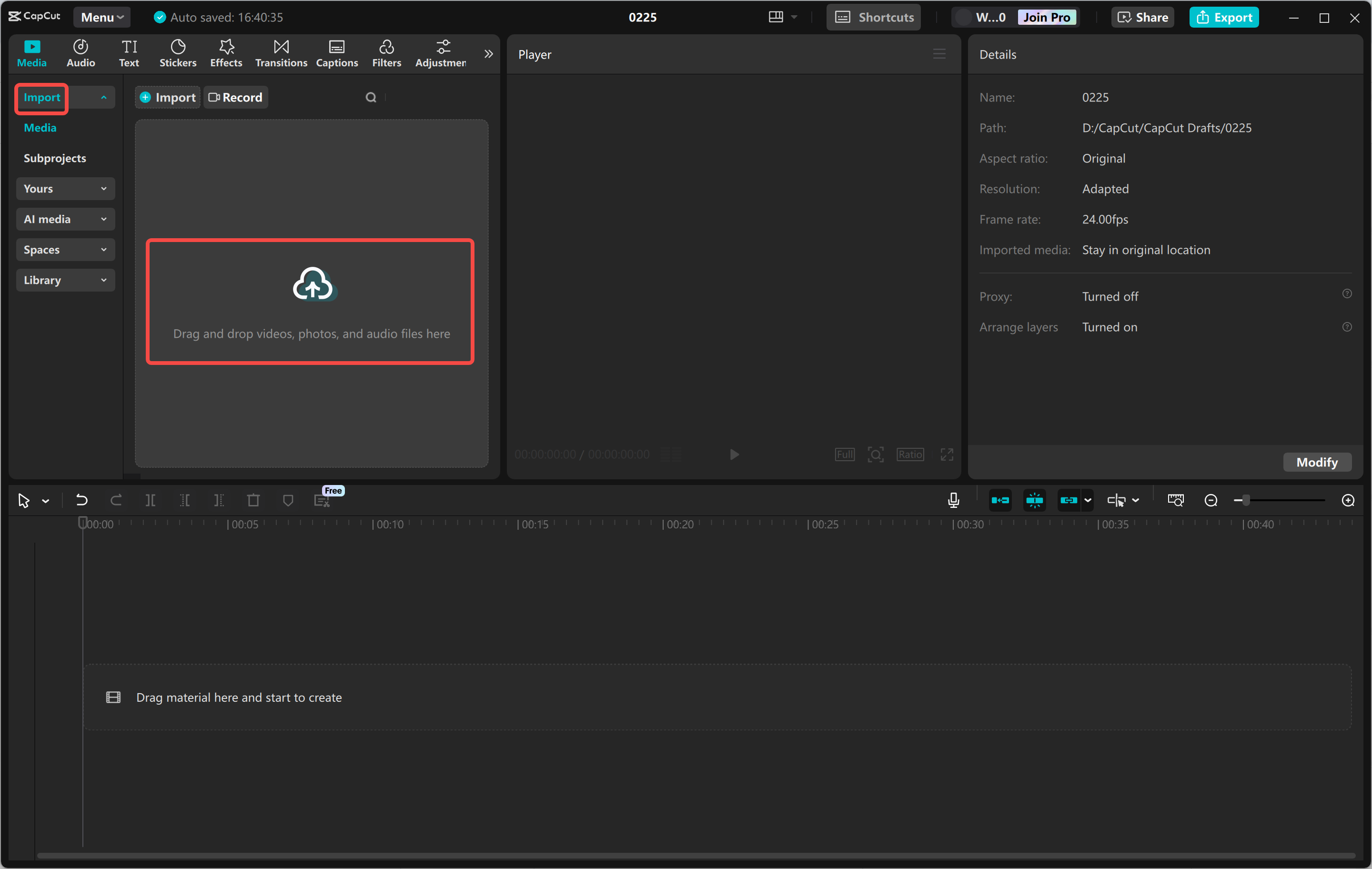 Importação de vídeo no editor de vídeo de desktop CapCut