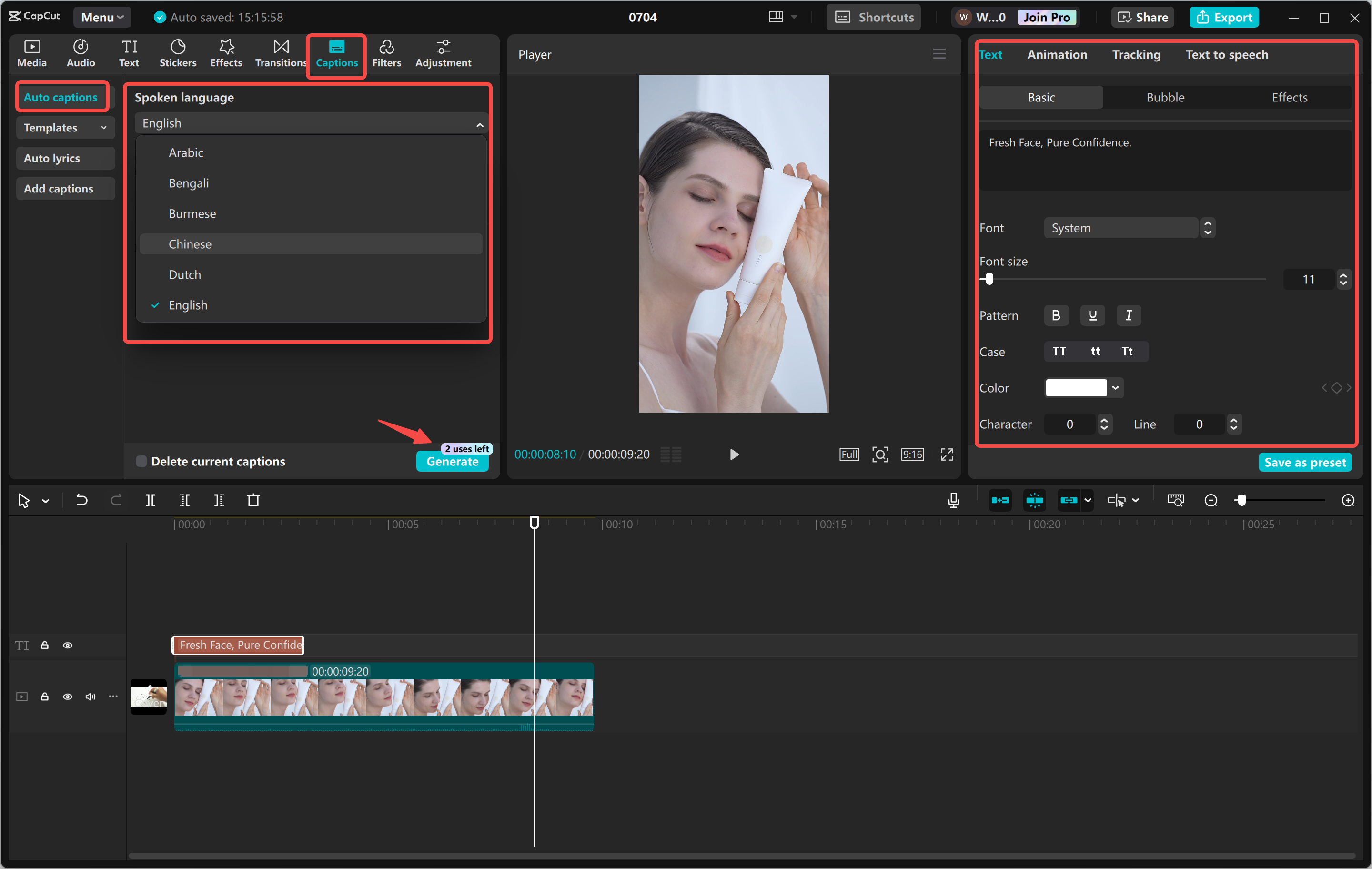 Menambahkan teks dan menghasilkan font AI di CapCut editor video desktop