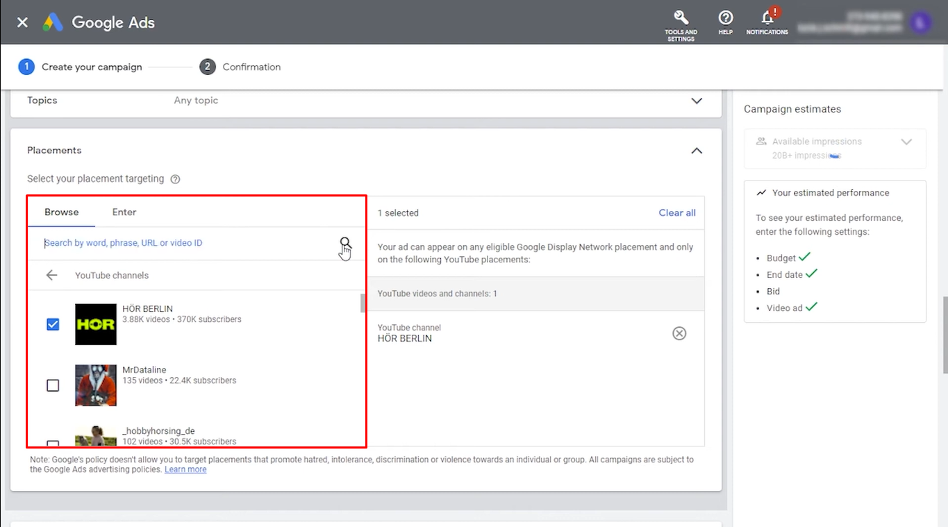 מדור מיקומי Google Ads למיקוד לערוצי YouTube וסרטונים ספציפיים.
