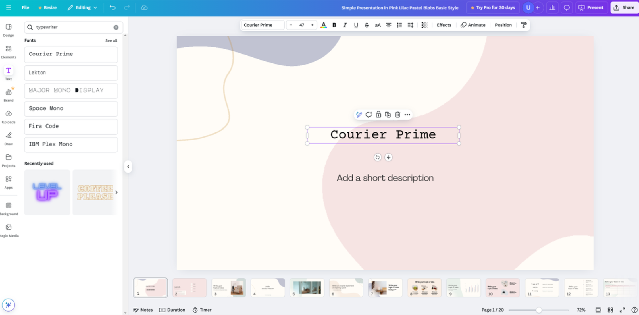 Interface de Canva - a ferramenta mais apreciada para fontes de texto de máquina de escrever