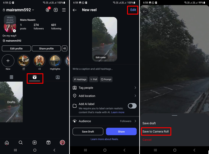 Imagine care arată cum să salvați o schiță de rolă Instagram pe rola camerei
