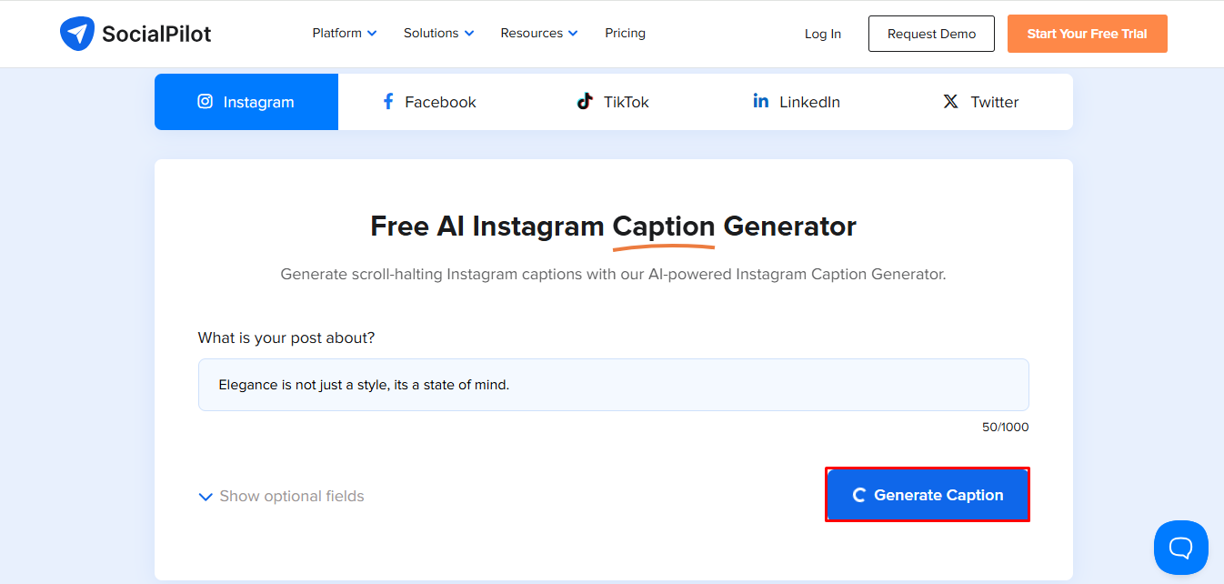 The interface of SocialPilot - the reliable Instagram reel caption generator