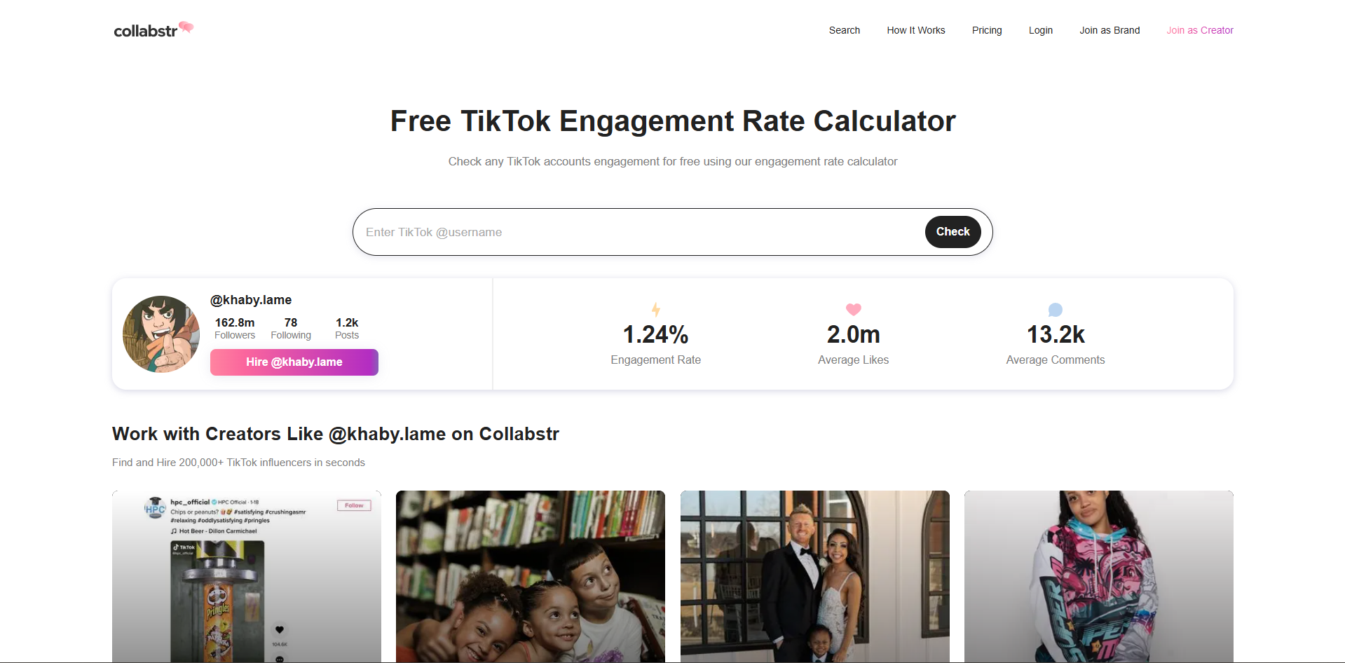 Interface do Collabstr - uma ferramenta fácil de usar para calcular a taxa de engajamento do TikTok