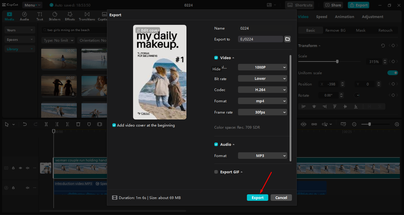 Exportando el video desde el CapCut editor de video de escritorio