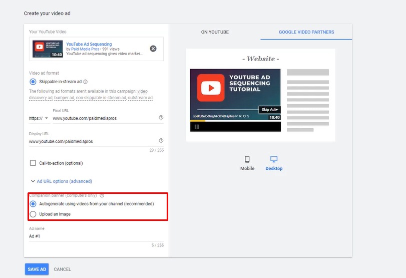 Anpassen von YouTube-Werbebannern auf Google-Anzeigen