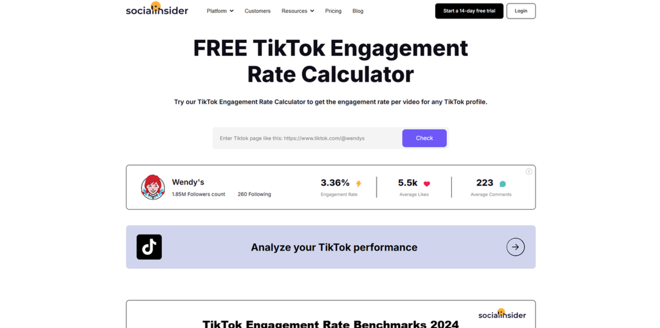 Interface do Socialinsider - a calculadora de taxa de engajamento do TikTok mais usada