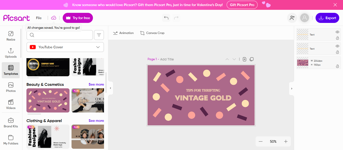 Make a YouTube header at Picsart