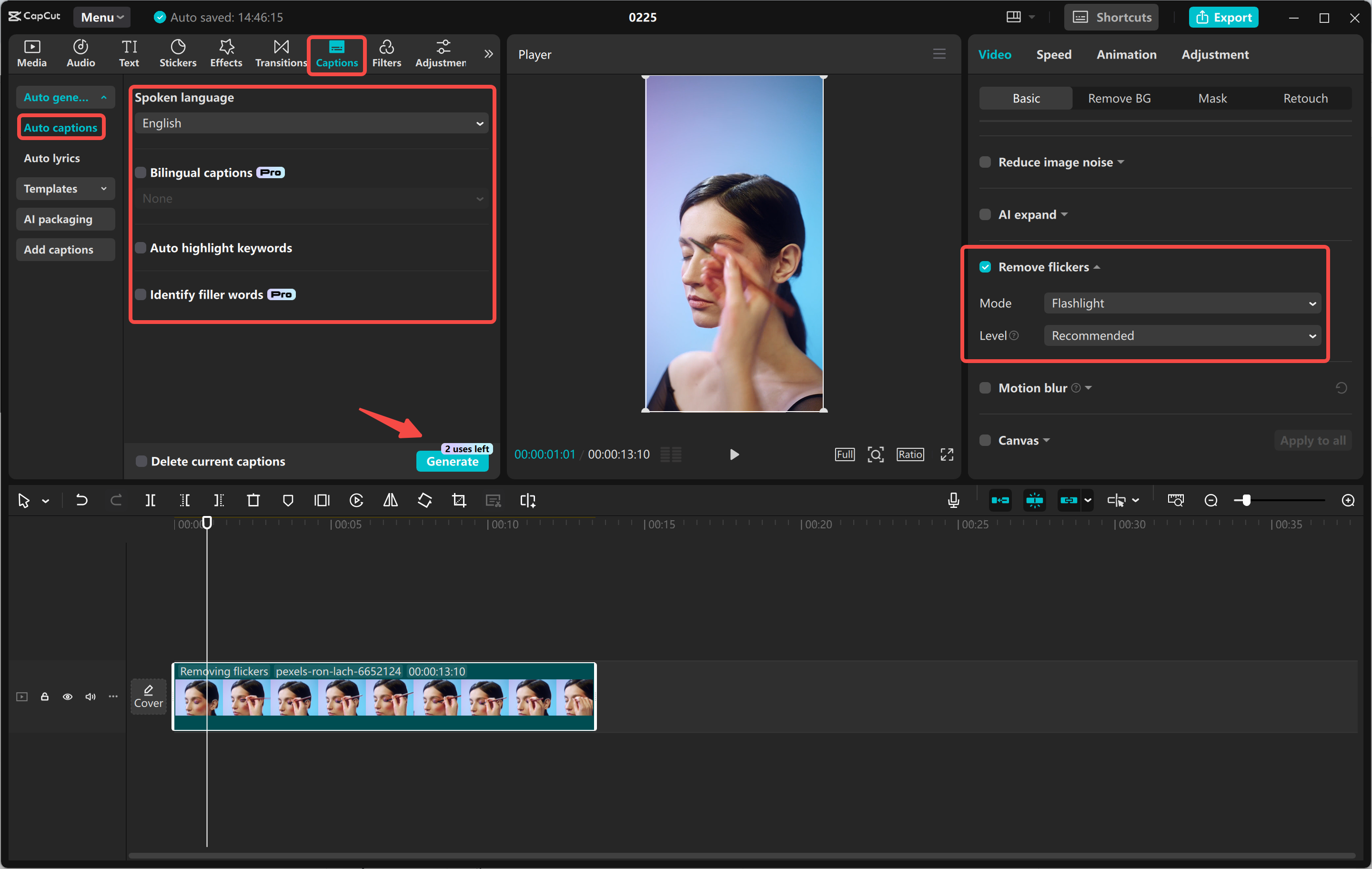 Reglarea culorilor rolelor și adăugarea de subtitrări la editorul video CapCut desktop