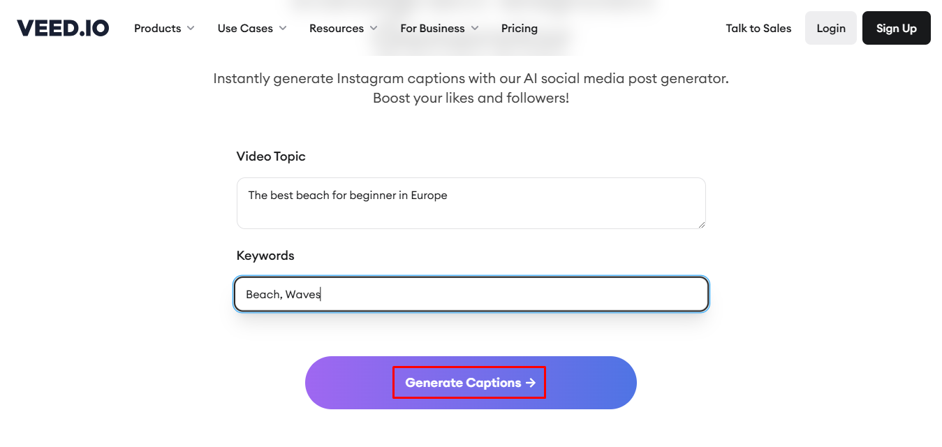The interface of VEED.IO - the well-known Instagram caption generator