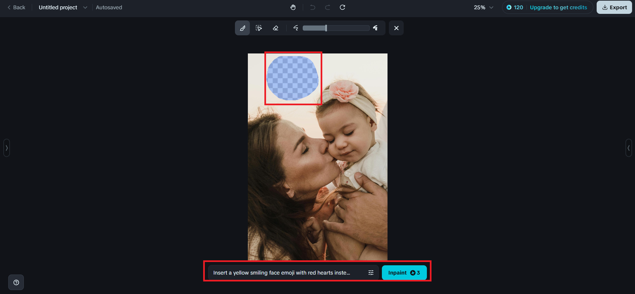 marking the area and inserting the prompt for the inpaint feature