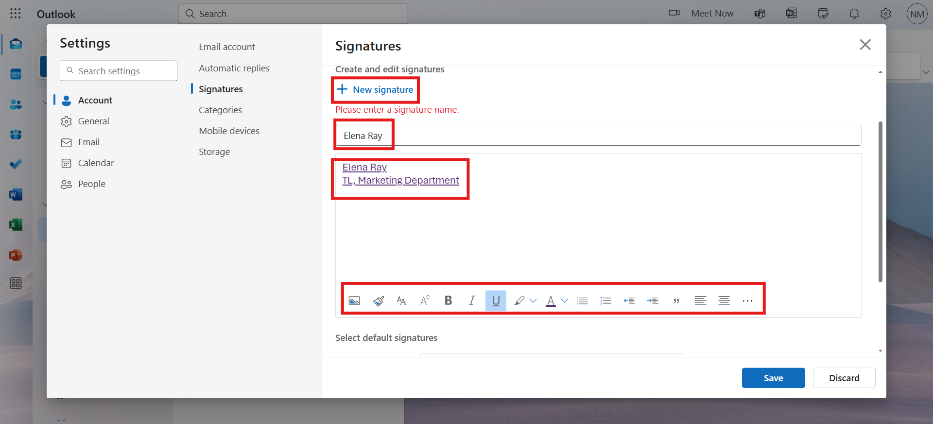 Crear bloque de firma de correo electrónico de Outlook