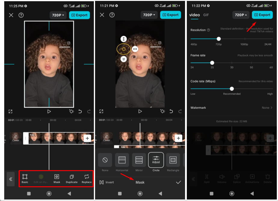 Interface of CapCut mobile app showing how to remove watermarks from Instagram reel