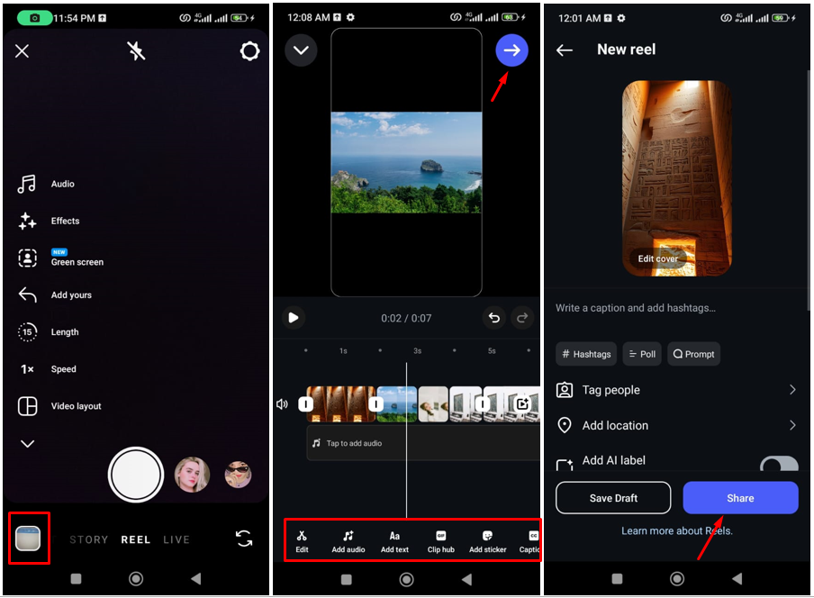 Imagen que muestra cómo hacer un carrete con varios videos en Instagram