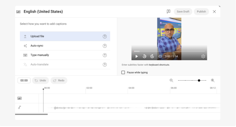 Hình ảnh hiển thị cách tải tệp phụ đề của bạn lên YouTube Studio