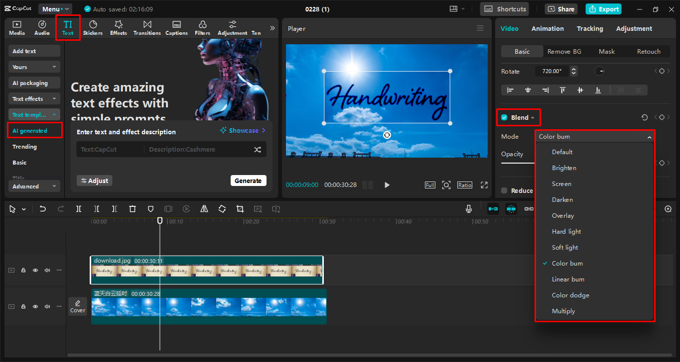 Creando el efecto de escritura a mano con el CapCut editor de vídeo de escritorio