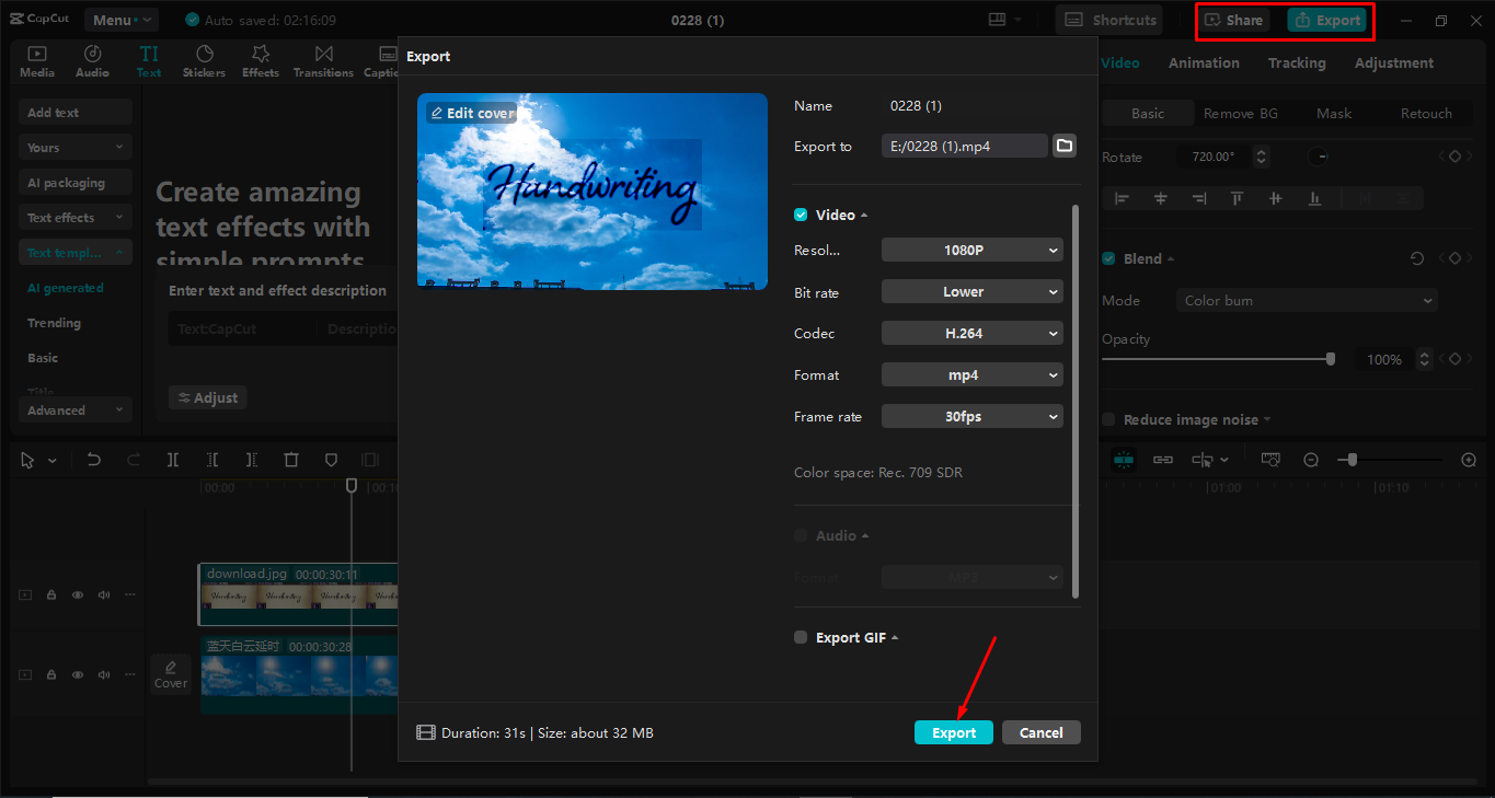 Exportando el video desde el CapCut editor de video de escritorio