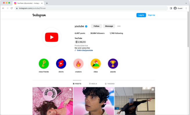 Interfaccia di Instagram - il luogo più utilizzato per promuovere i video di YouTube