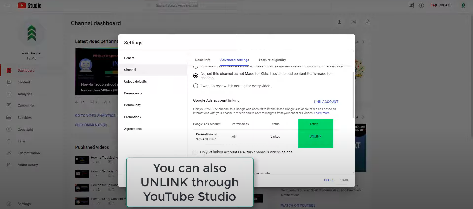Scollegare l'account YouTube dall'account Google Ads