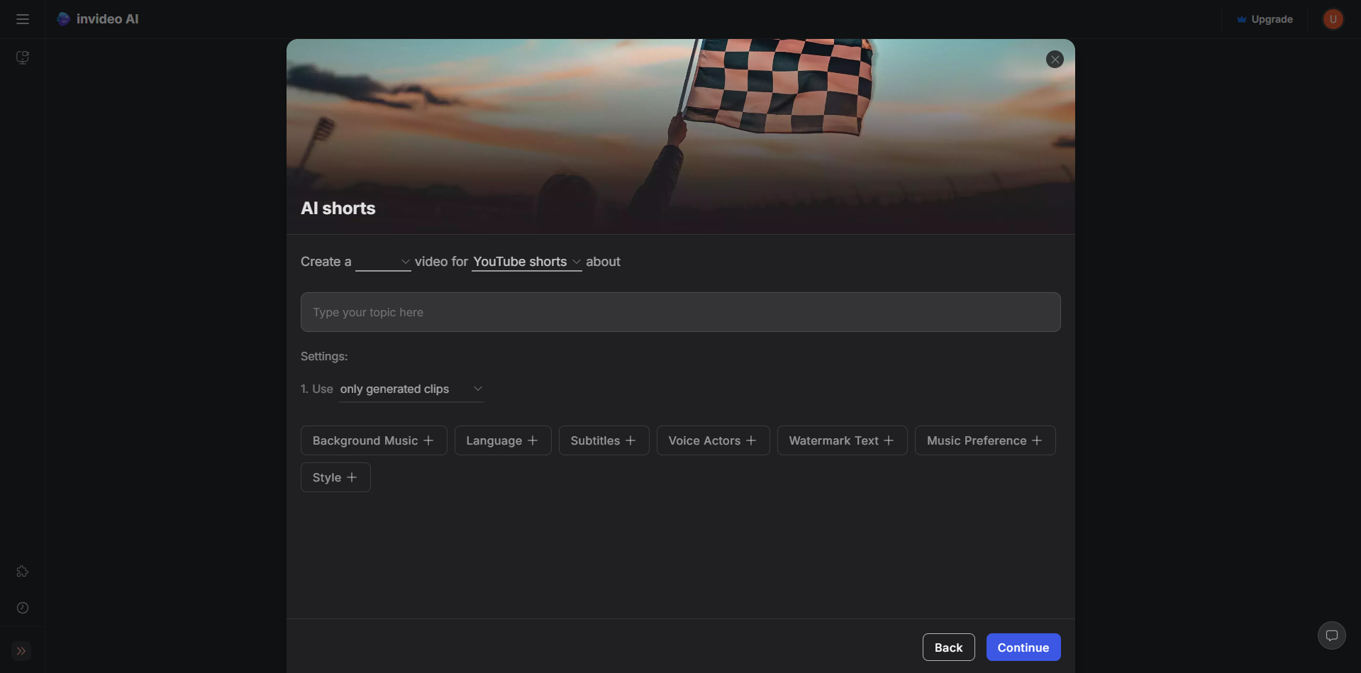 Invideo AIのインターフェース-YouTubeショートのための別の無料ビデオエディター