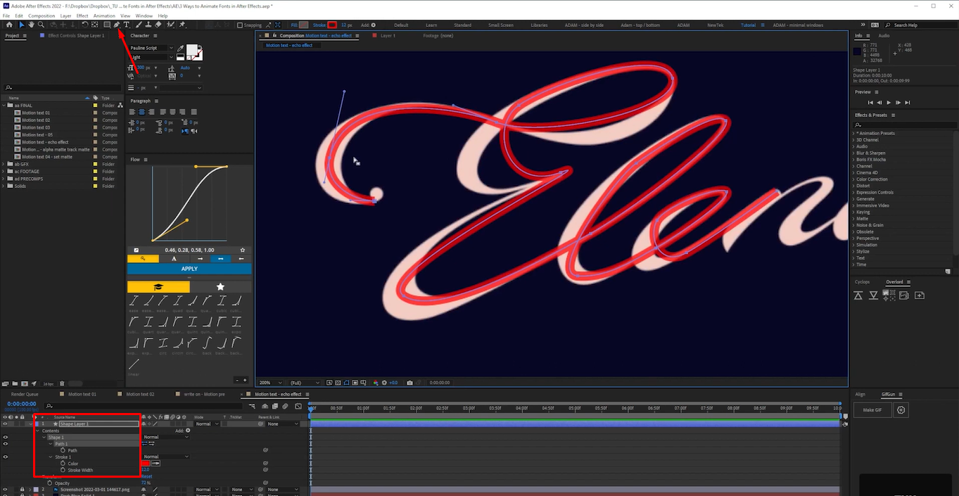 After Effectsでアニメーション手書きを作成するための筆記体テキストをトレースするペンツール