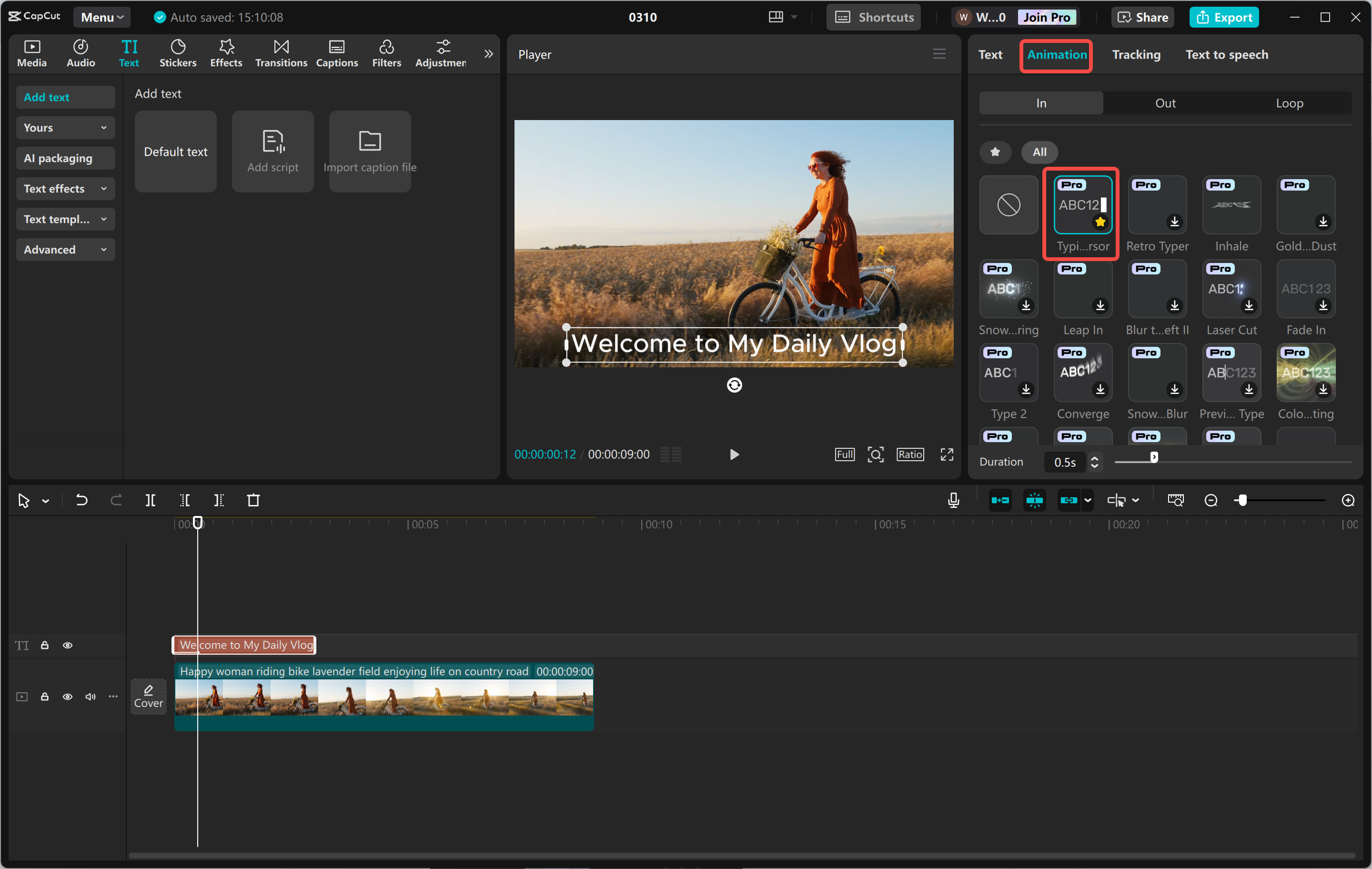 Usando o efeito de texto da máquina de escrever no editor de vídeo da área de trabalho CapCut
