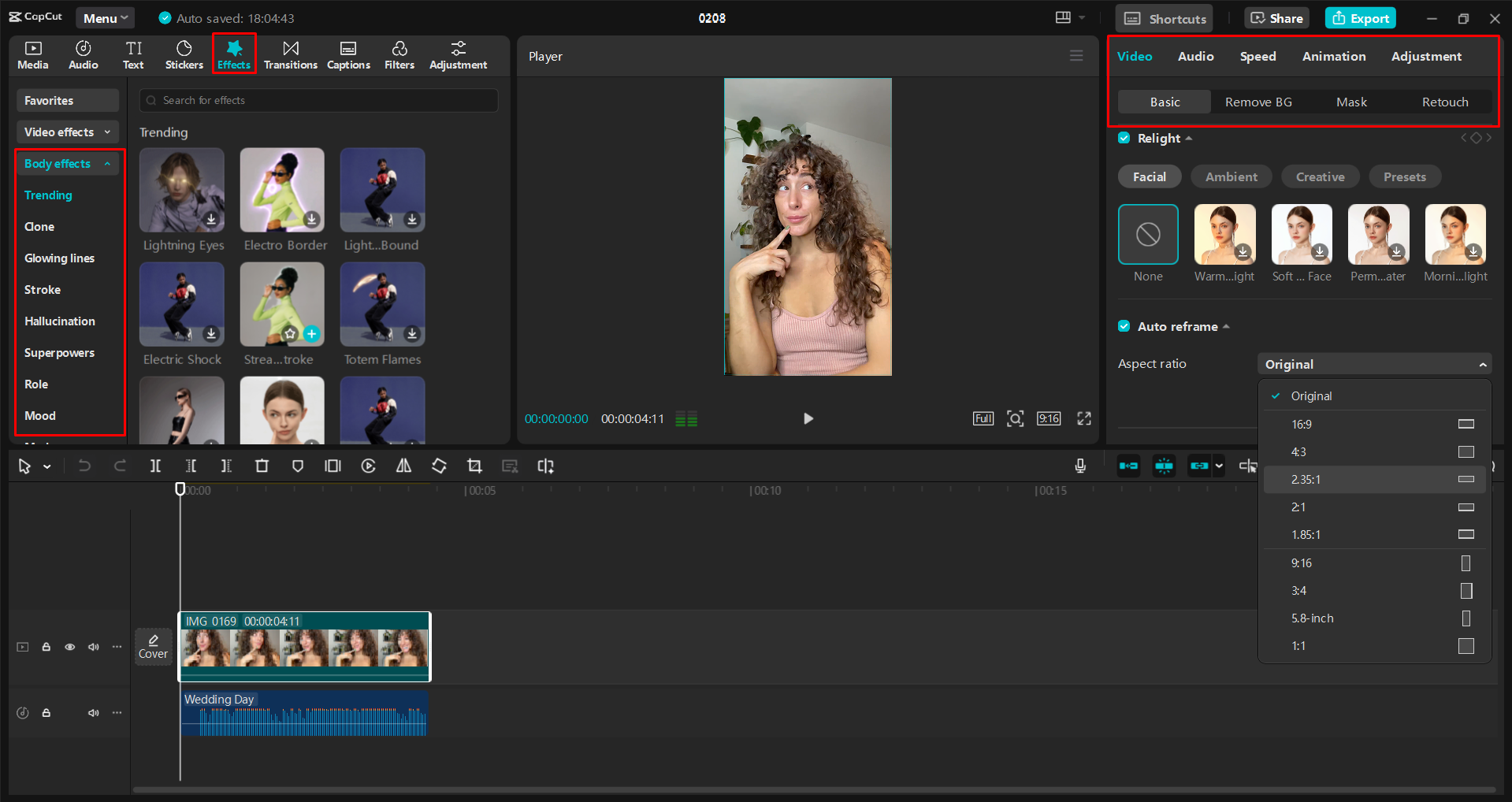 Haciendo una edición de reel estético en el CapCut editor de video de escritorio