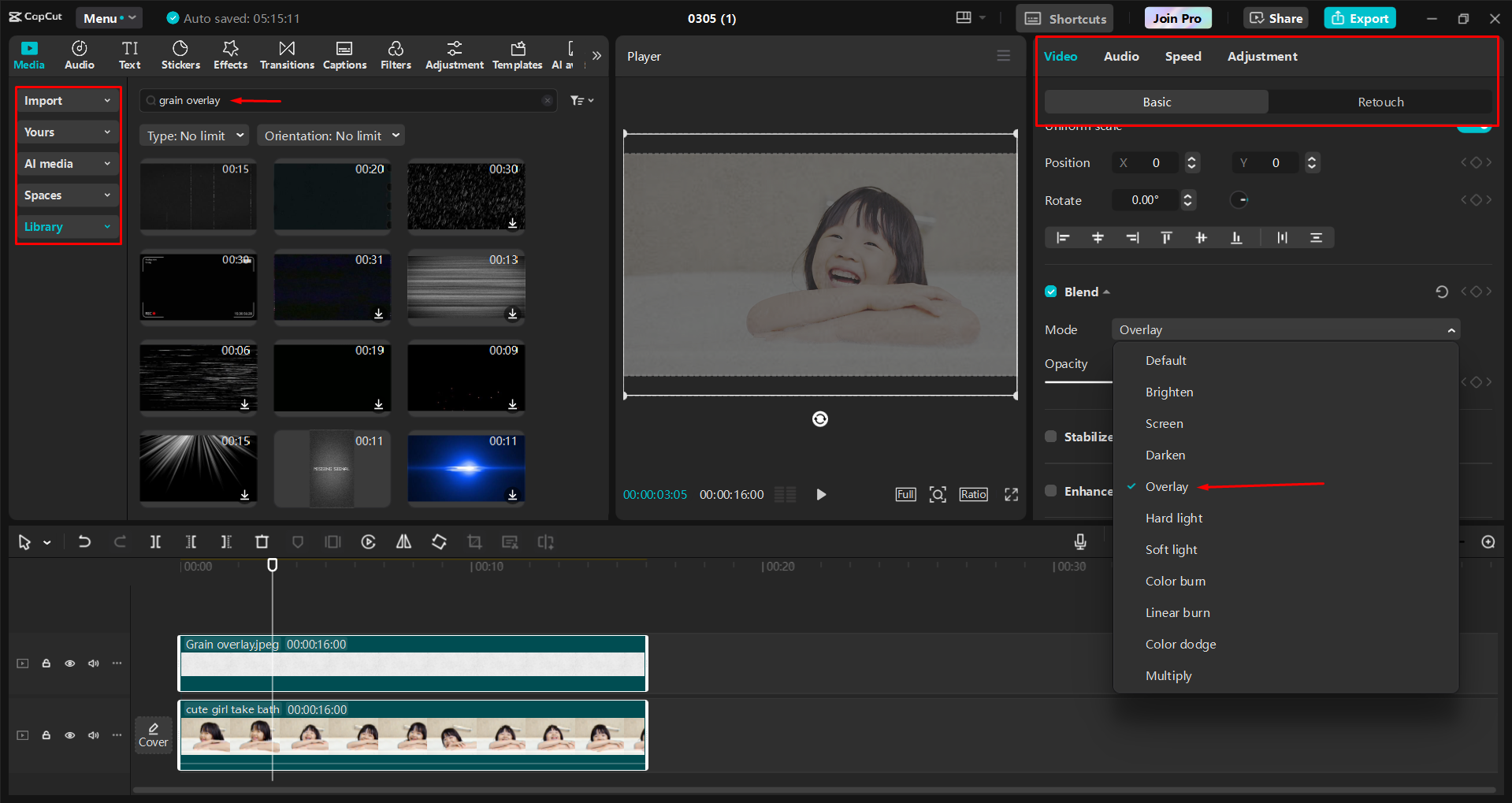 Menambahkan dan meningkatkan hamparan biji-bijian di CapCut editor video desktop