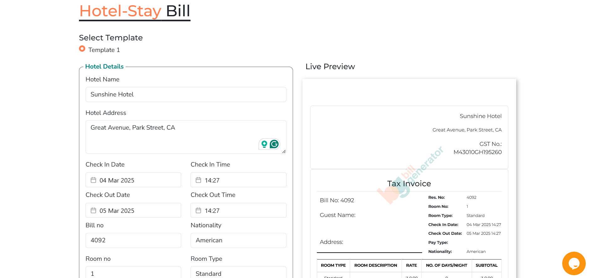 Bill Generator - A hotel bill generator