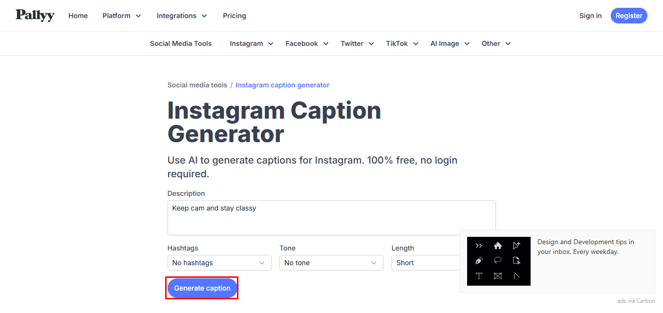 Interface of Pallyy - Perfect Instagram reels caption generator