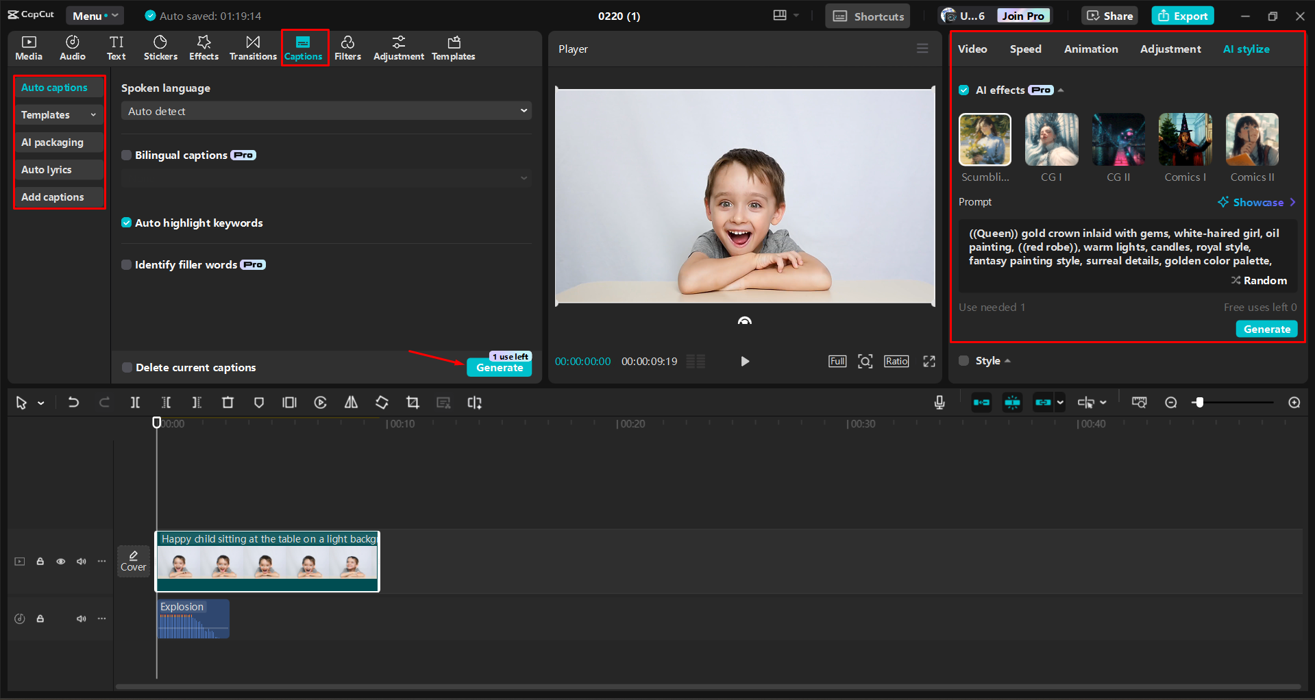 Menambahkan transisi dan menghasilkan teks ke video di editor video desktop CapCut