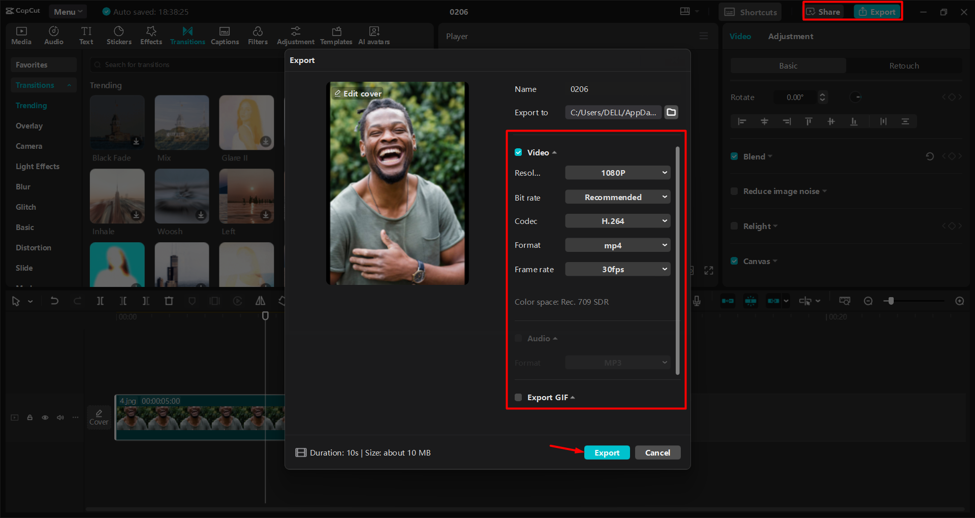 Exportando el reel editado en el CapCut editor de video de escritorio