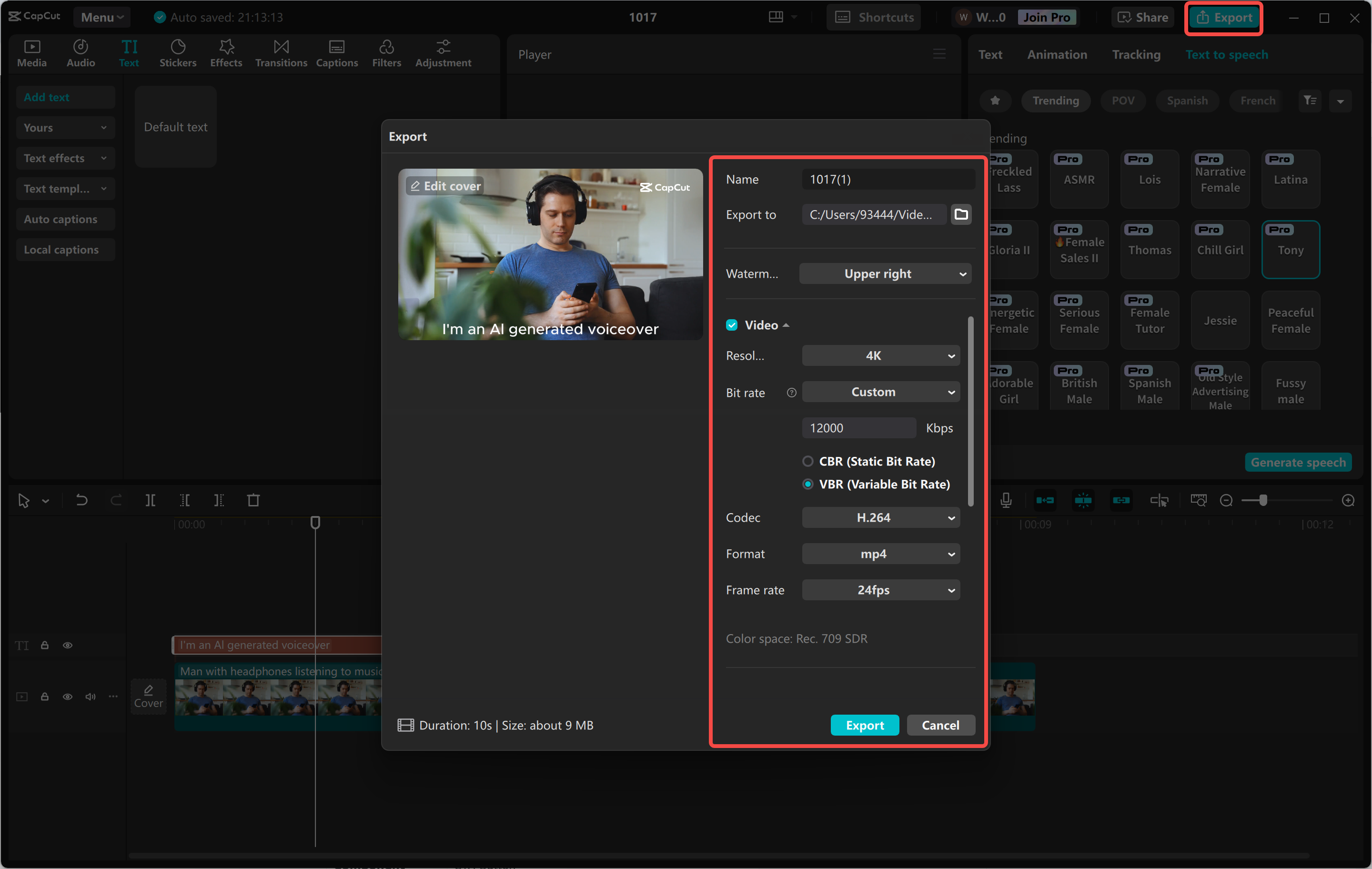 Xuất video sau khi thêm giọng nói AI từ trình CapCut chỉnh sửa video trên máy tính để bàn