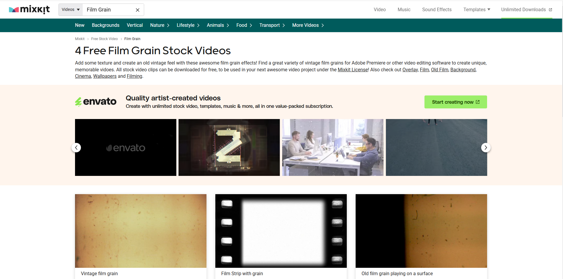 Interface of Mixkit - the perfect site to download free film grain overlays