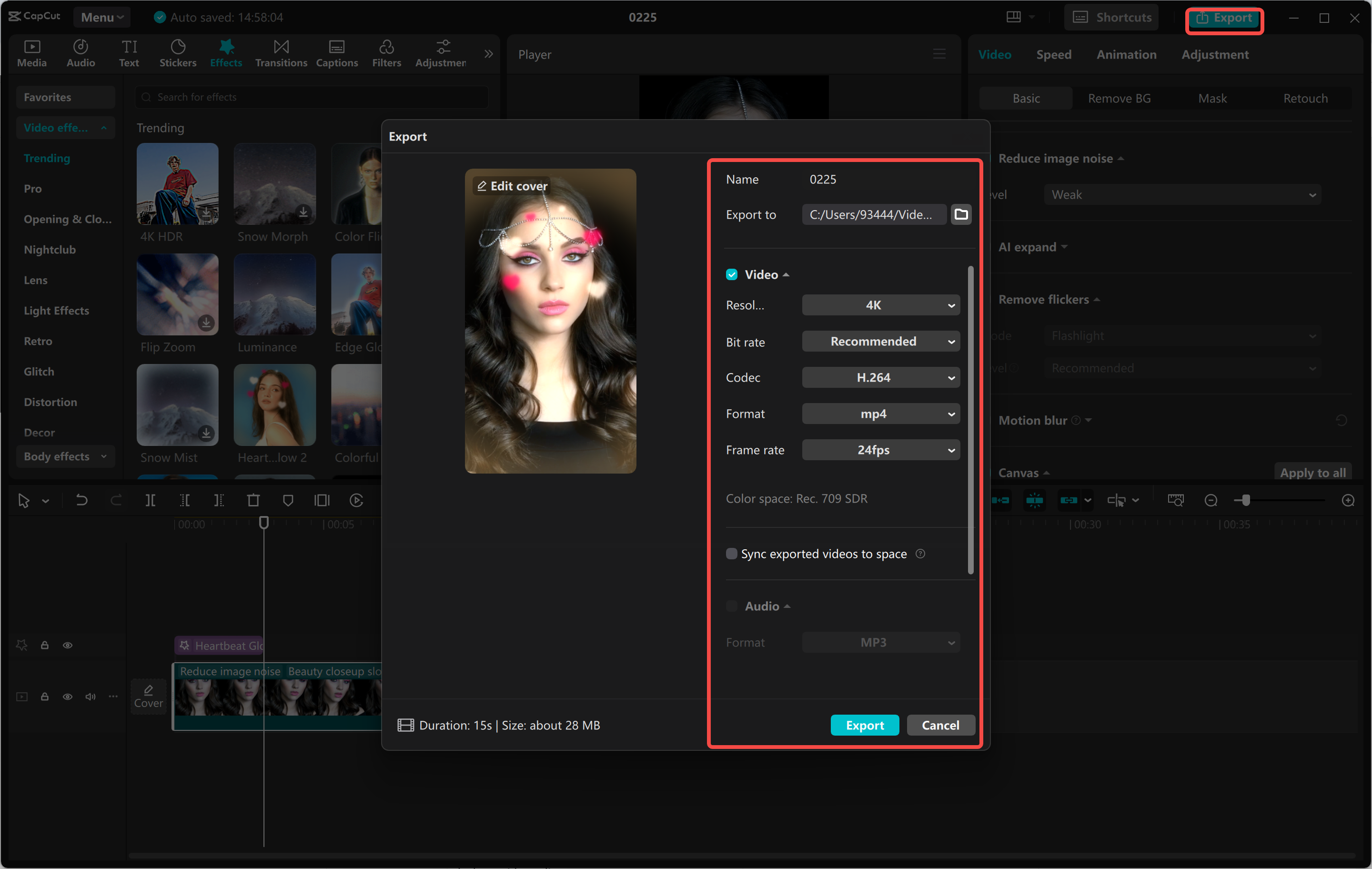 Exportando o Reel após a edição no editor de vídeo para desktop CapCut