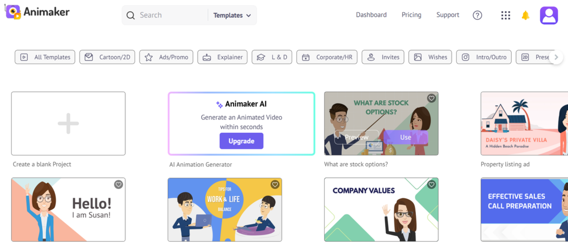 Gränssnittet för Animaker - ett kraftfullt animerat företag för videoproduktion