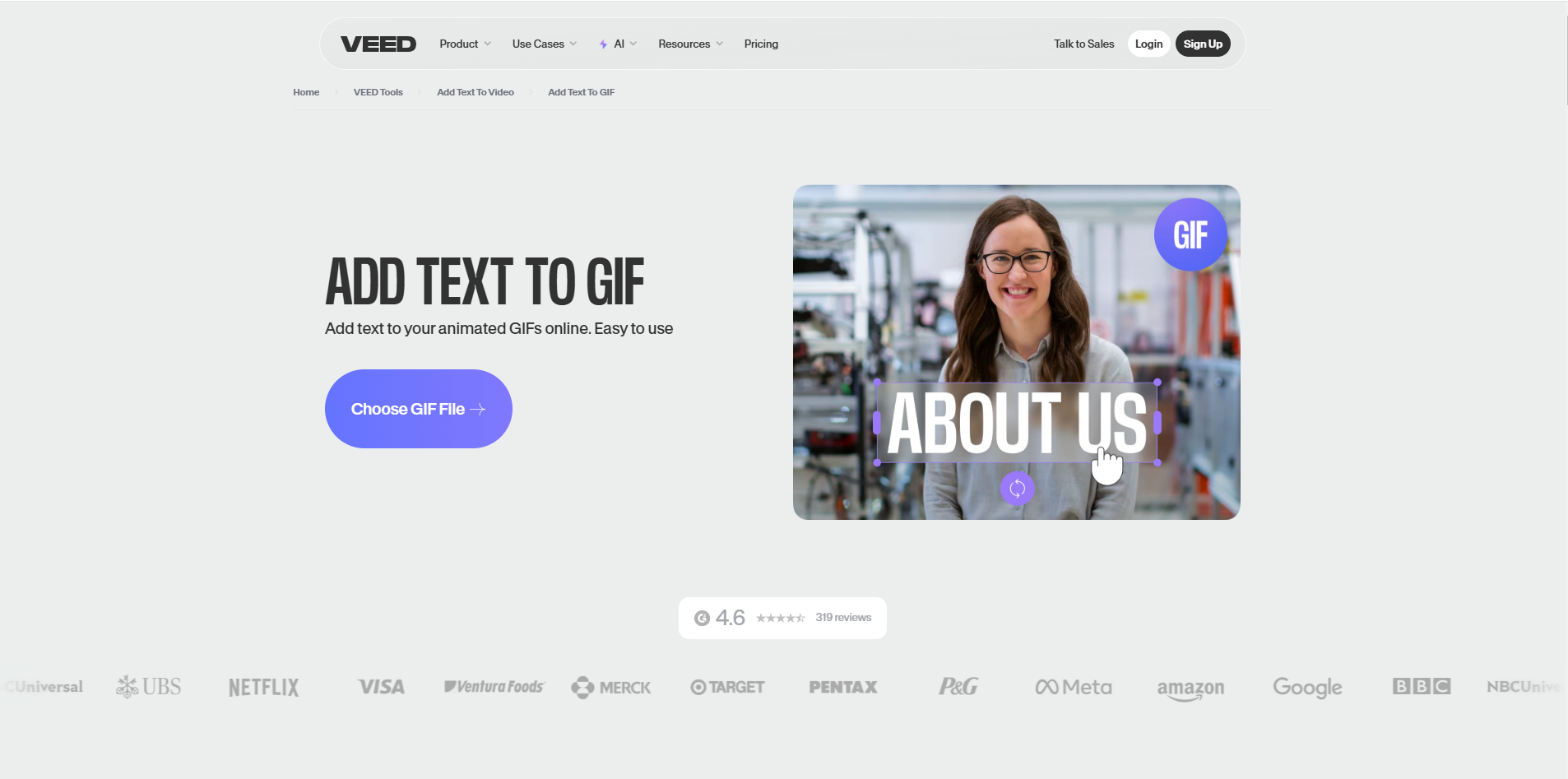 Interfaz de VEED.IO - una herramienta fácil de usar para escribir en GIFs