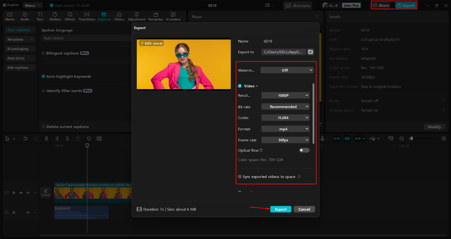 Exportar um vídeo do editor de vídeo para desktop CapCut