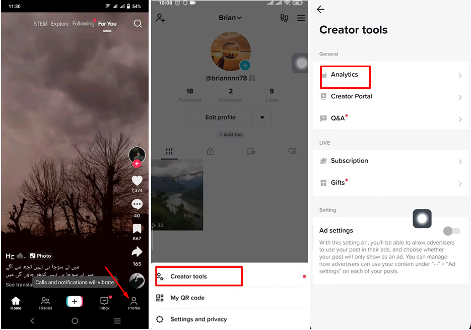 Immagine che mostra come visualizzare le analisi su TikTok