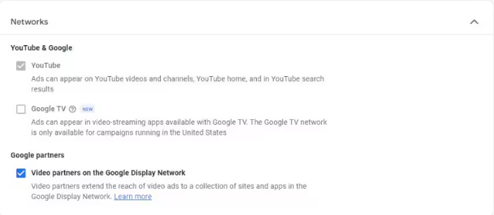 Choosing a display network for YouTube in feeds ads on Google ads