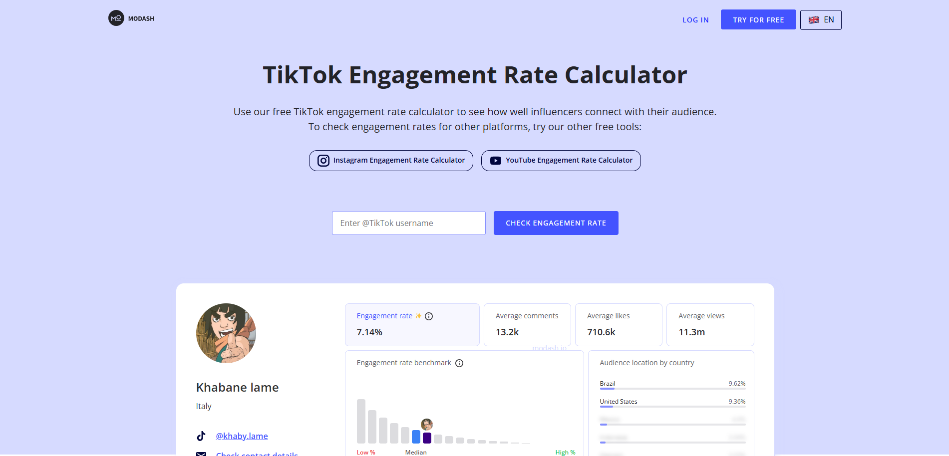Interface do Modash - uma maneira rápida de medir a taxa de engajamento do TikTok