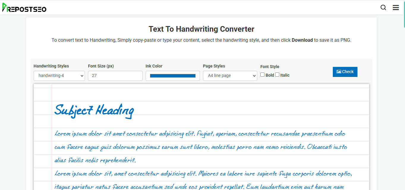 Interface van PrepostSEO - de bekende tool om tekst om te zetten in handschrift