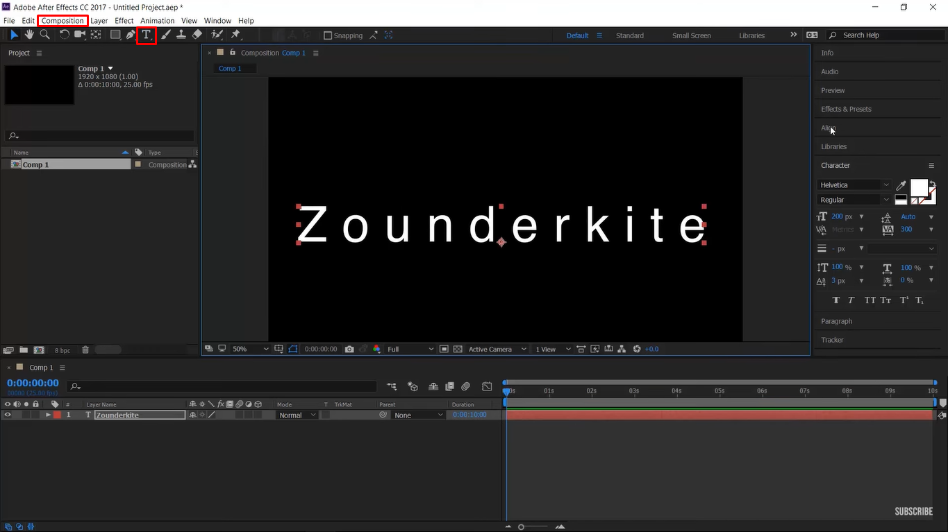 Como criar uma nova composição para escrever efeitos de texto no After Effects